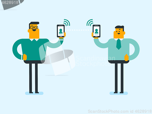 Image of Two men exchanging information via smartphones.