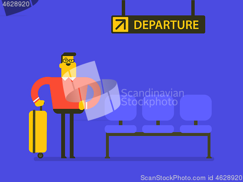 Image of Caucasian man with suitcase waiting for a flight.