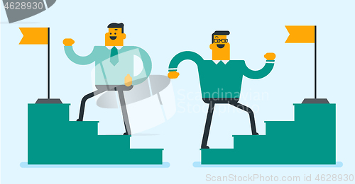 Image of Two businessmen running up to the top of stairway.
