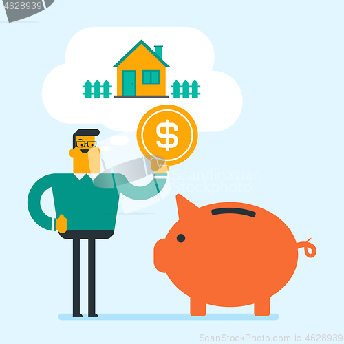 Image of Man saving money in piggy bank for buying house.