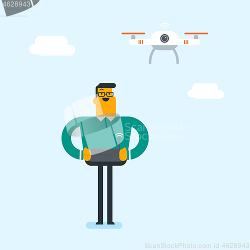 Image of Young caucasian white man flying drone.