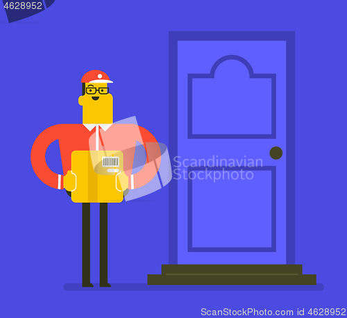 Image of Caucasian delivery courier holding a cardboard box
