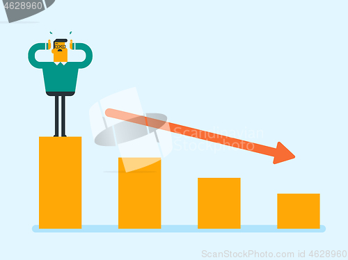 Image of Caucasian bankrupt standing on chart going down.