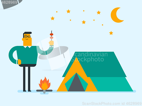 Image of Man sitting on log near campfire in the camping.