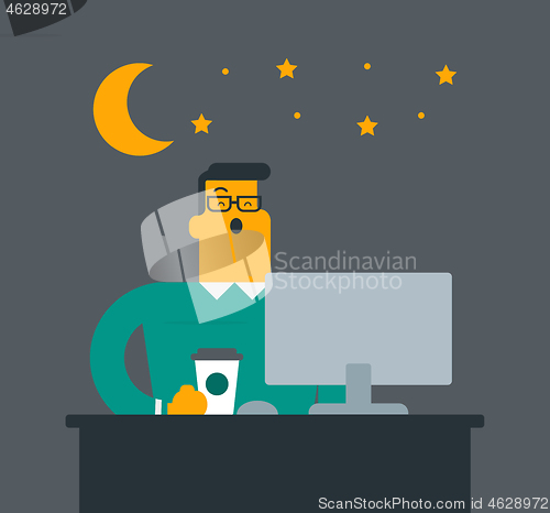 Image of Young caucasian white tired office worker yawning.