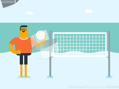 Image of Young caucasian white man playing beach volleyball