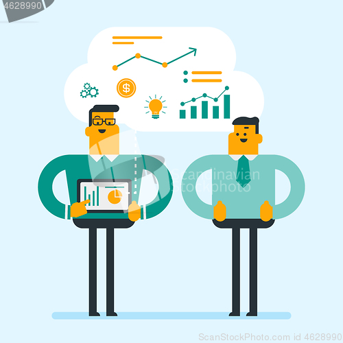 Image of Business men discussing charts on digital tablet.
