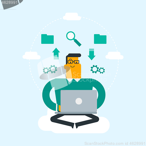 Image of Caucasian man using cloud computing technologies