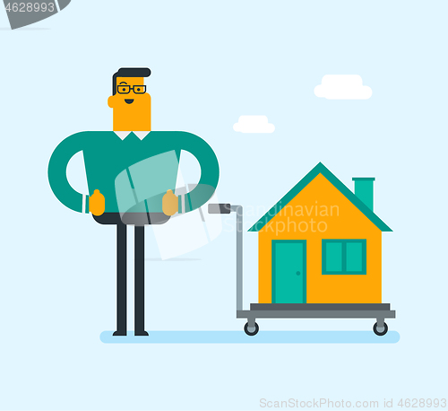 Image of Caucasian white man with a house on a trolley.