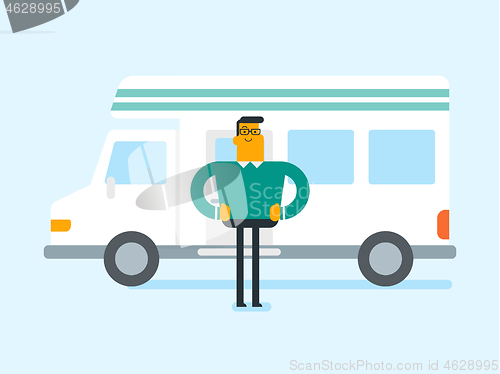 Image of Caucasian man standing in front of motorhome.