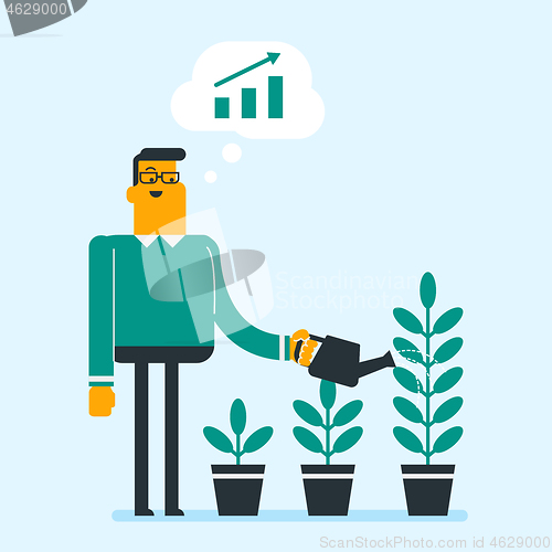 Image of Businessman watering trees of three sizes.