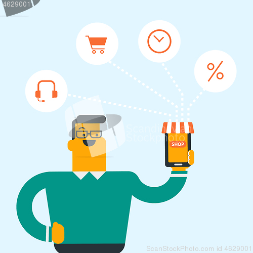 Image of Man holding phone connected with shopping icons.