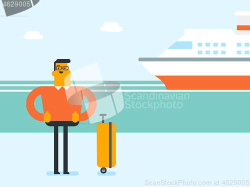 Image of Tourist goes to the cruise liner with a suitcase.