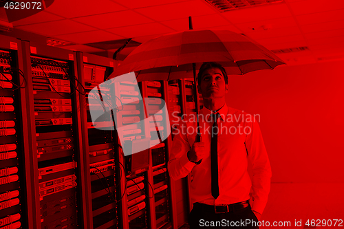 Image of businessman hold umbrella in server room