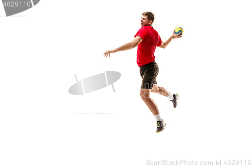 Image of The one caucasian young man as handball player at studio on white background