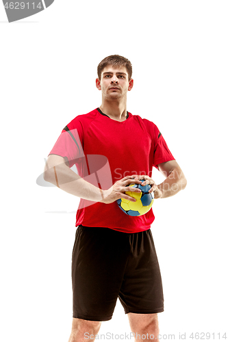 Image of The one caucasian young man as handball player at studio on white background