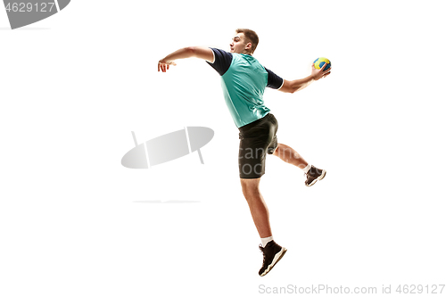 Image of The one caucasian young man as handball player at studio on white background