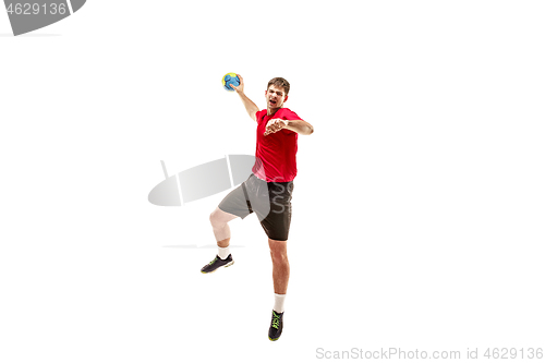 Image of The one caucasian young man as handball player at studio on white background
