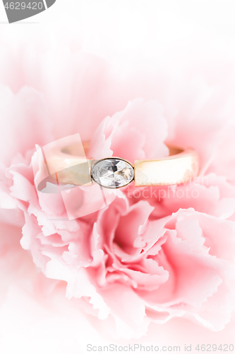 Image of Wedding or engagement ring in a flower. Soft focus.