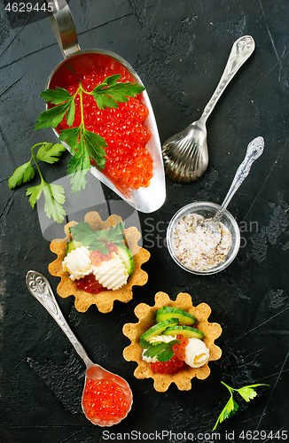 Image of tartalets, butter and salmon caviar