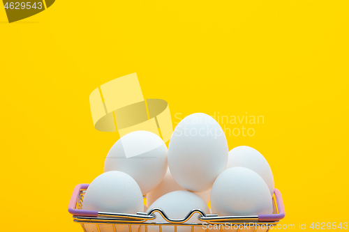 Image of Chicken eggs are in the grocery basket, bright orange background