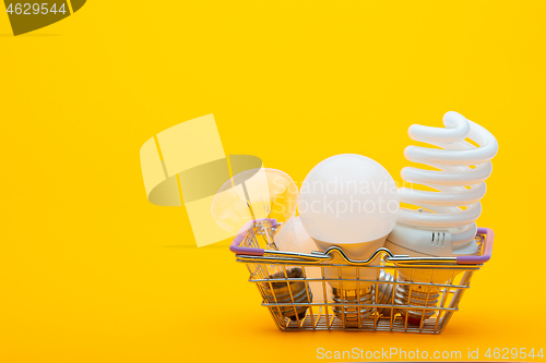 Image of In the grocery basket are different types of light bulbs - incandescent, energy-saving and LED