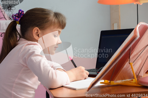 Image of Side view of a girl who is studying remotely at home