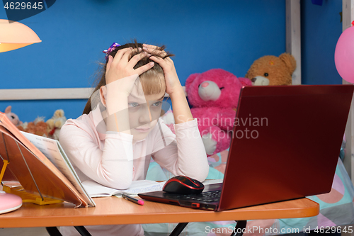 Image of A girl studying remotely at home faced a difficult task