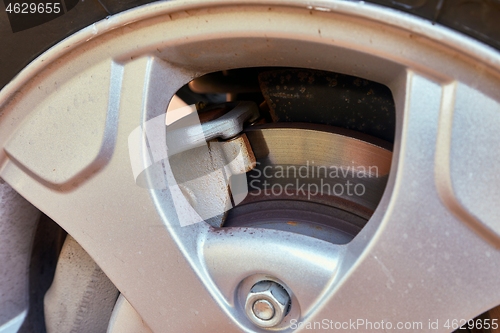 Image of Wheel of a SUV car with brakes