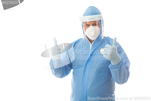 Image of Healthcare or industrial worker in protective hazmat suit thumbs