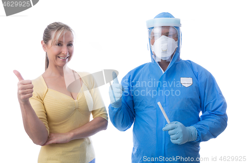 Image of Healthcare worker and patient thumbs up after coronavirus swab