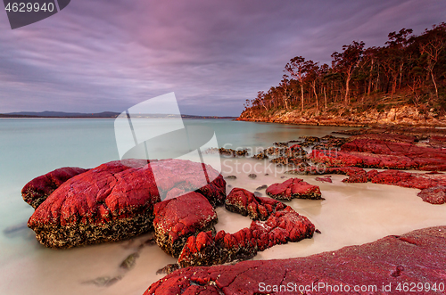 Image of Sunset sky highlighting the red rocks and blue water of Eden