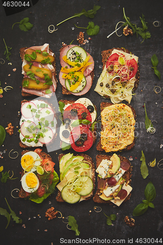 Image of Top view of different decorated sandwiches as appetizer. Healthy food. Vegetable meal