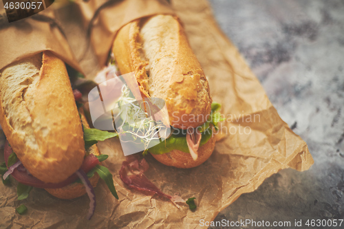 Image of Tasty homemade sandwiches Baguettes with various healthy ingredients. Breakfast take away concept