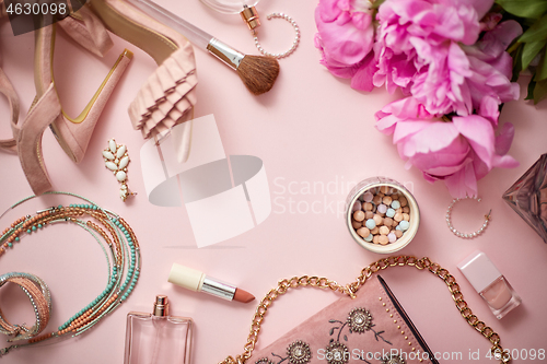 Image of Fashion women stylish accessories outfit composition. Pink paste