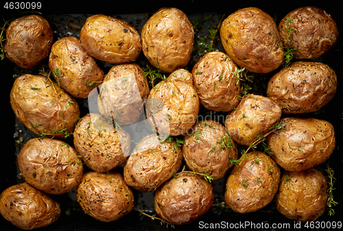 Image of Oven baked whole potatoes with seasoning and herbs in metalic tr