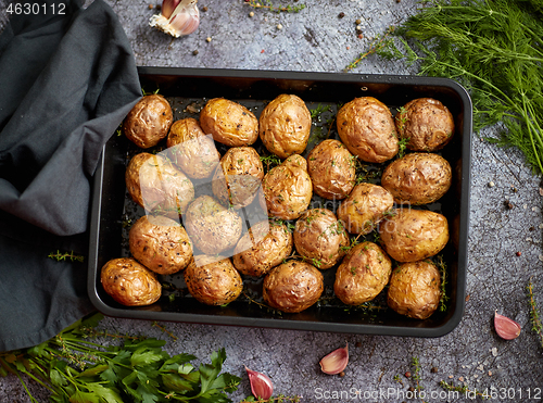 Image of Tasty fresh homemade baked potatoes served on a metal tray. With