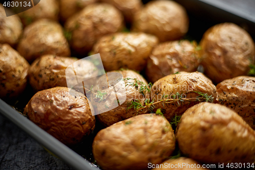 Image of Close up on homemade roasted whole potatoes in jackets. With butter, rosemary and thyme.