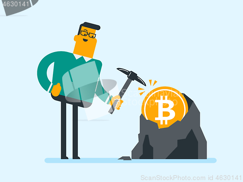 Image of Caucasian man with pickaxe working in bitcoin mine