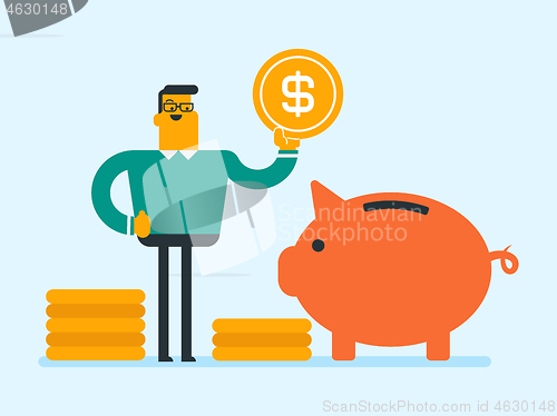Image of Caucasian manager putting a coin in a piggy bank.