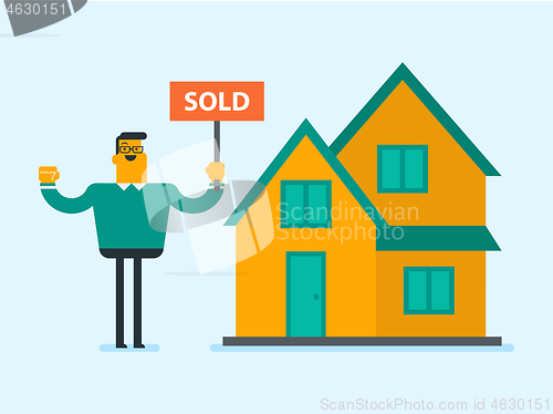 Image of Caucasian real estate agent with sold placard.