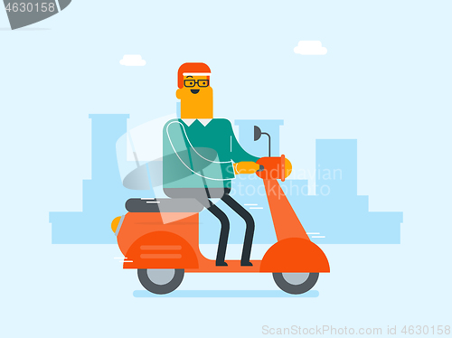 Image of Young caucasian white man riding a scooter.