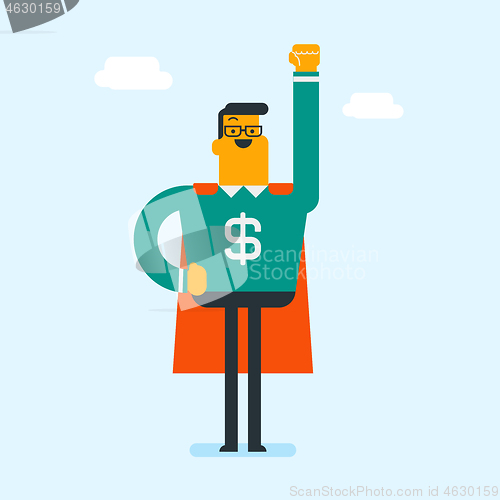 Image of Man wearing superhero suit with dollar sign.