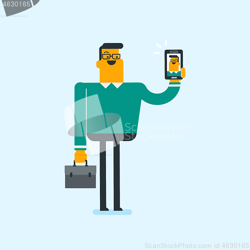 Image of Caucasian white man holding ringing mobile phone