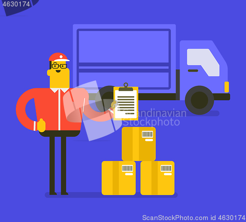 Image of Caucasian delivery courier with cardboard boxes.