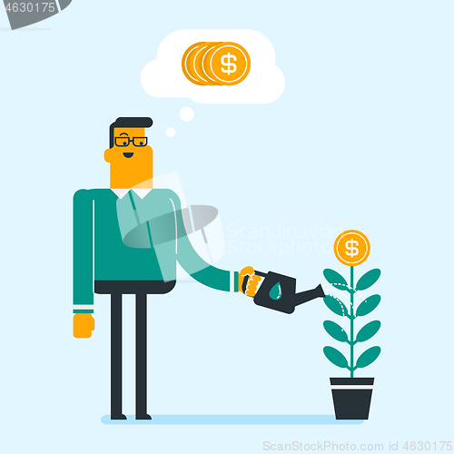 Image of Caucasian businessman watering money flower.