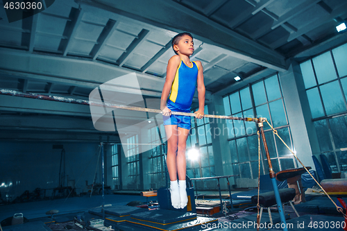 Image of beautiful boy is engaged in sports gymnastics on a parallel bars