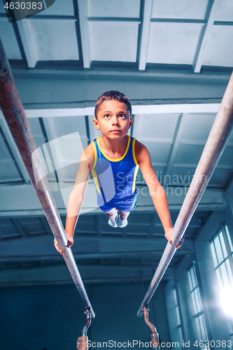 Image of beautiful boy is engaged in sports gymnastics on a parallel bars