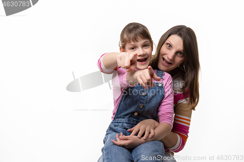 Image of Mom and daughter fun finger forward, isolated on white background