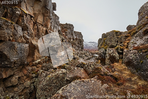 Image of Thingvellir landscape in Iceland with rocky terrain, rift valley